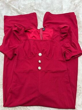 SHEIN Red Puff-Sleeve Jumpsuit with Decorative Buttons